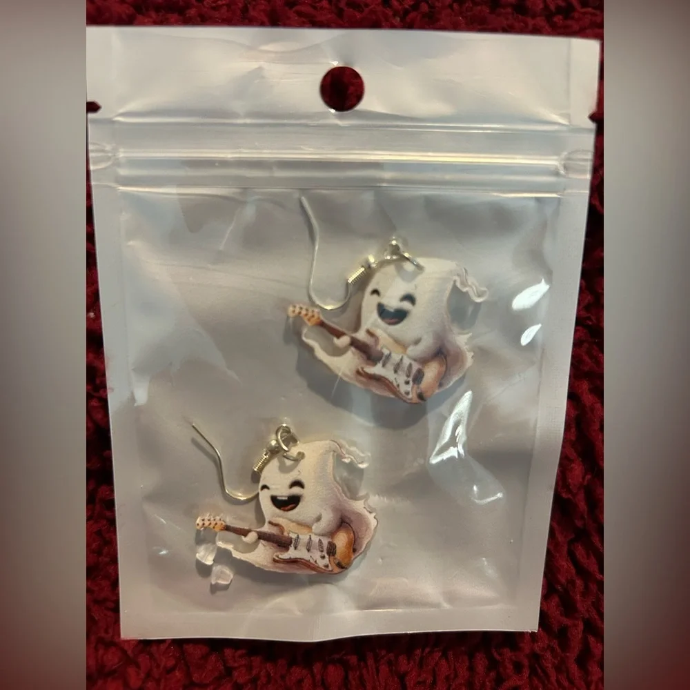 Cute Ghost Guitar Dangle Earrings - White